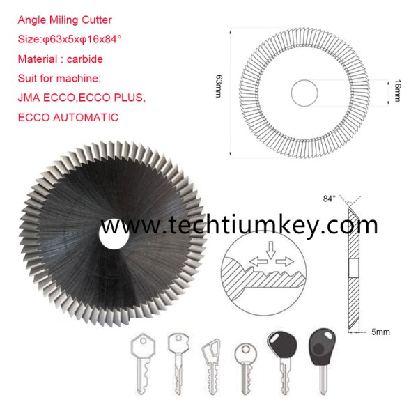 Angle Miling Cutter Size:φ63x5xφ16x84° Material : carbide Suit for machine: JMA ECCO,ECCO PLUS, ECCO AUTOMATIC