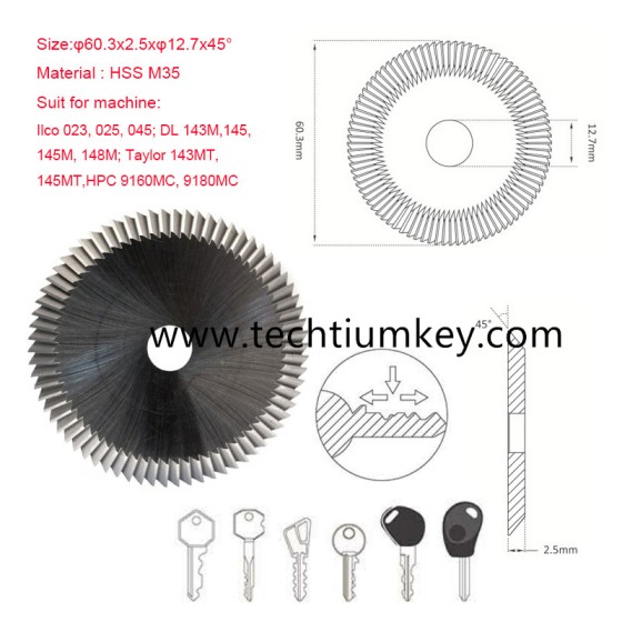 Angle Miling Cutter  Size:φ60.3x2.5xφ12.7x45° Material : HSS M35  Suit for machine: Ilco 023, 025, 045; DL 143M,145, 145M, 148M; Taylor 143MT,145MT,HPC 9160MC, 9180MC