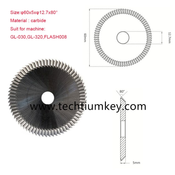 Angle Miling Cutter  Size:φ60x5xφ12.7x80° Material : carbide Suit for machine: GL-030,GL-320,FLASH008